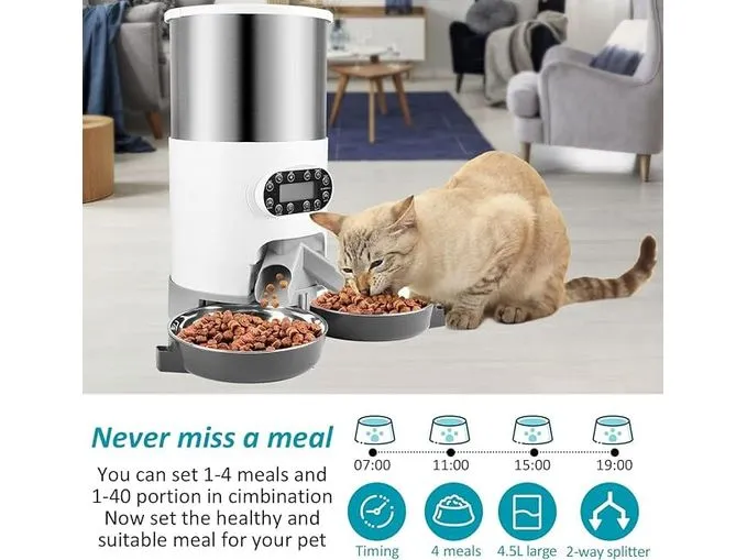 4.5L Stainless Steel Double Meal Automatic Feeder Pets Qatar