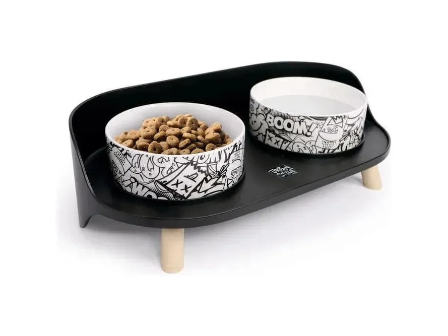 Altitude Urban Style Double Raised Pet Bowl Black&White Pets Qatar