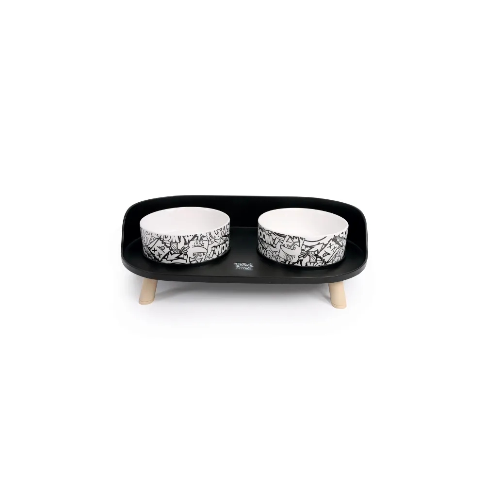 ALTITUDE URBAN STYLE Double Raised Pet Bowl Black&White