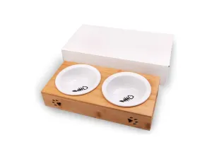 Bamboo frame ceramic double bowl M:31.4x15.3x6cm Pets Qatar
