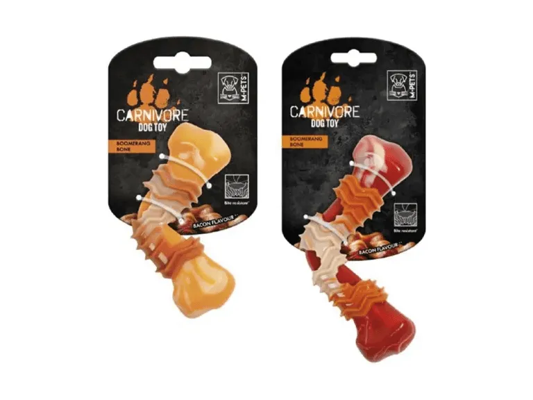 CARNIVORE Dog Toy Boomerang Bone - Bacon scent 17.8 x 9.3 x 4.1 cm Red Pets Qatar