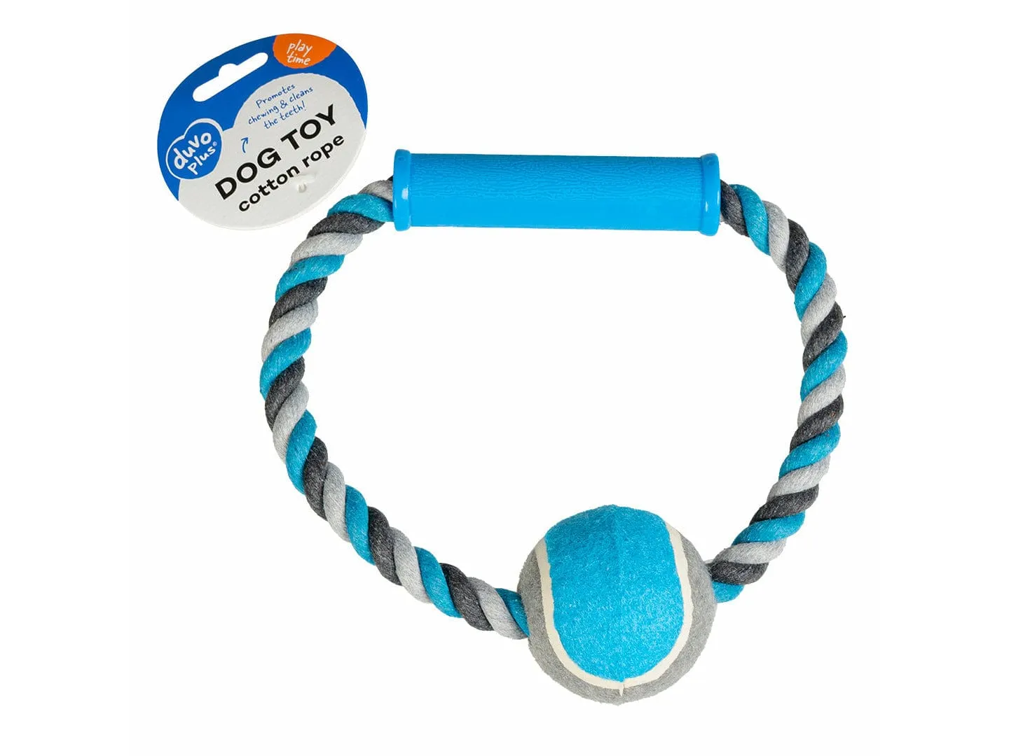 Knotted Cotton O- Pull Ring With Tennis Ball 18cm grey/blue Pets Qatar