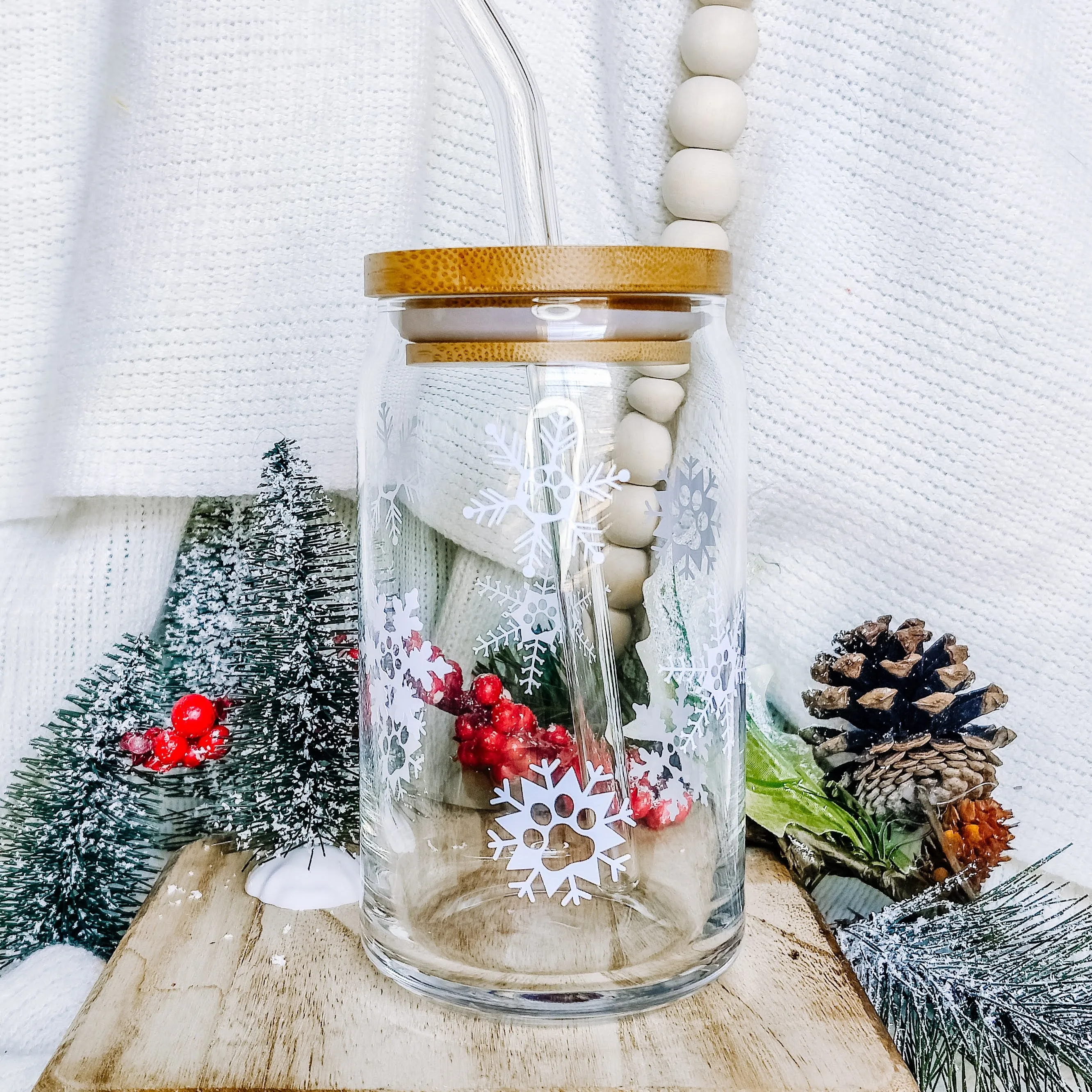Paw Print Snowflakes Can Glass Cup Charlotte's Pet