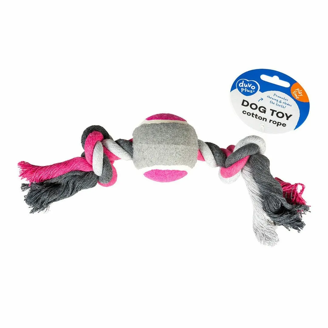 Tug Toy Knotted Cotton & 2Knots & Tennis Ball 30cm grey/pink Pets Qatar