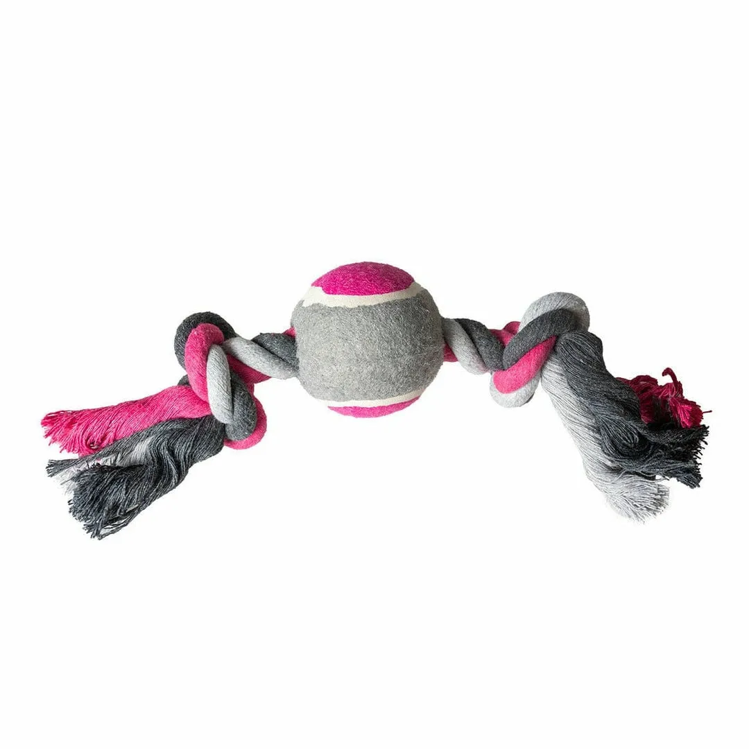Tug Toy Knotted Cotton & 2Knots & Tennis Ball 30cm grey/pink Pets Qatar